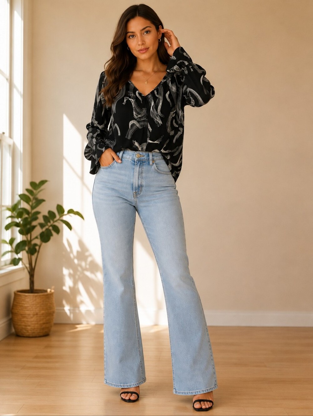 NWT Nine West Black Blouse with White Brushstroke Print M
